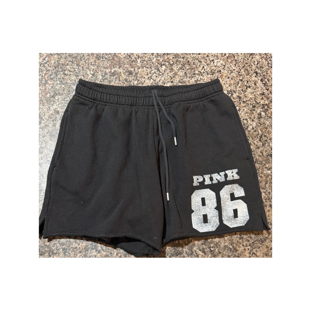 Victoria's Secret PINK Black Sweat Shorts Glitter 86 Graphic Fleece Medium